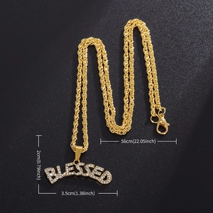 Vergoldete Hip-Hop-Kette mit Blessed-Anhänger, funkelnden Strasssteinen und Kordelkette