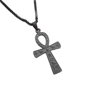 Collana con croce Ankh in acciaio inossidabile nero con geroglifici dell'antico Egitto