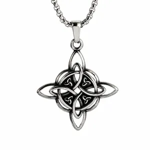 Silver Celtic knot pendant necklace for men with vintage finish on white background