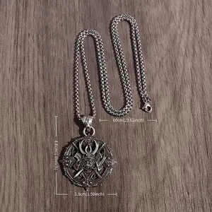 Macro view of samurai helmet pendant with crossed swords on antique silver disk