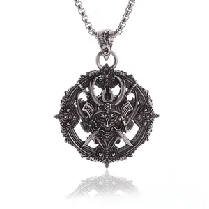 Detailed retro silver samurai mask pendant with intricate crossed swords relief