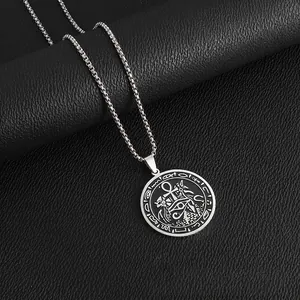 Vintage stainless steel necklace with round Egyptian pyramid and Ankh symbol pendant