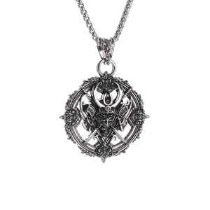 Retro gothic samurai helmet pendant necklace in antique silver with warrior swords