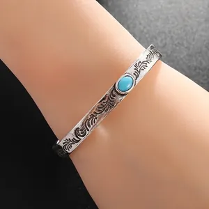 Vintage silver open bangle for men with turquoise stone and detailed floral engravings
