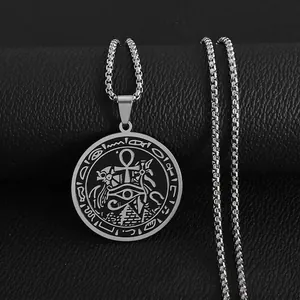 Silver stainless steel pyramid necklace with Ancient Egyptian symbols on black leather