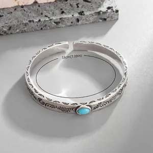 Vintage Carved Vine Pattern Open Bangle Bracelet For Men Women Silver Plated Alloy Engraved Turquoise Gemstone Ethnic Fashion Jewelry