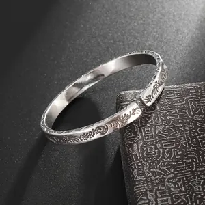 Vintage engraved silver open cuff bracelet with turquoise and floral patterns for men