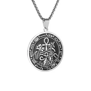 Vintage stainless steel Egyptian pyramid and Ankh symbol pendant necklace for men