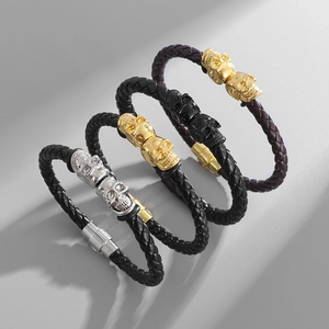 Men's punk leather skull bracelets with braided cord and magnetic metal clasps