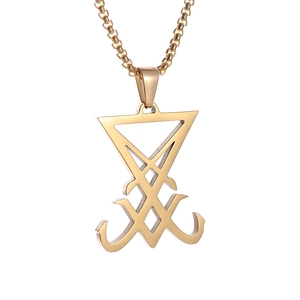 Collier avec pendentif Sceau de Lucifer en acier inoxydable doré poli pour hommes