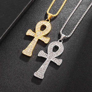 Pendenti a croce Ankh stile hip hop in oro e argento con strass scintillanti
