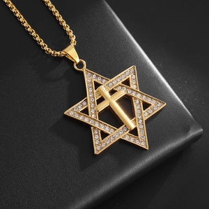 Collana con Ciondolo a Croce Esagramma Hip Hop con Strass in Lega Stella di David Gioielli Religiosi per Uomo Donna Quotidiano