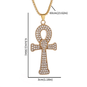 Collana croce Ankh dorata per uomo e donna con strass su una catena lunga 60cm