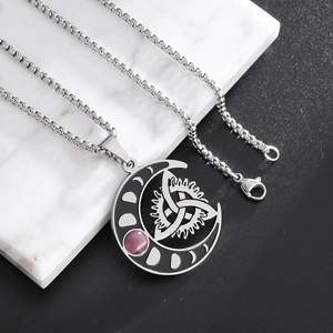 Vintage Stainless Steel Crescent Moon Pendant Necklace Celtic Knot Moon Phase Purplish Pink Stone Box Chain Mythical Jewelry
