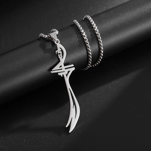 Sleek stainless steel Zulfiqar sword pendant necklace on black background