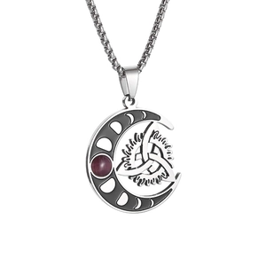 Silver Celtic knot moon pendant necklace with purple gemstone and stainless steel chain