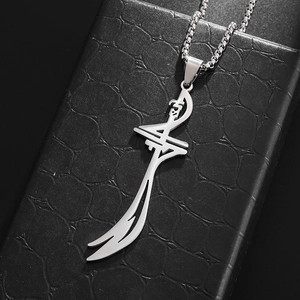 Polished silver stainless steel Zulfiqar sword pendant necklace on black box chain
