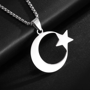 Collier en acier inoxydable poli argenté avec pendentif croissant de lune et étoile