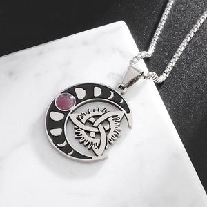 Gothic moon pendant necklace with Celtic knot and purple opal in stainless steel