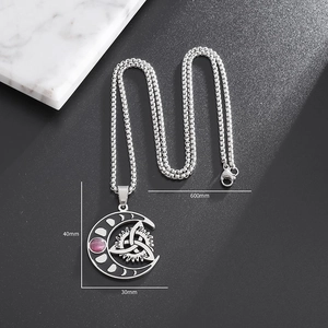 Hollow moon Celtic knot stainless steel necklace with pink stone and 600mm chain