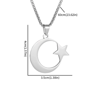Collier en acier inoxydable argenté avec pendentif lune et étoile et dimensions de la chaîne