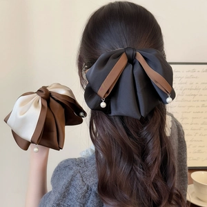 Barrette à Cheveux Nœud en Satin Élégante Avec Pendentif en Künstliche Perle Grande Pince Queue de Cheval Couleur Contrastée Accessoire Cheveux Femme