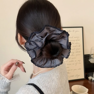 Elegant Double Layer Fabric Scrunchie With Black Lace Trim Hazy Blue Gray Pleated Hair Tie For Women Vintage Hair Accessories