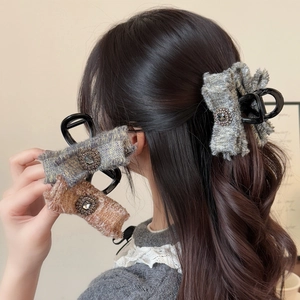 Elegante fermaglio per capelli in tweed con fiocco e cristallo per coda di cavallo