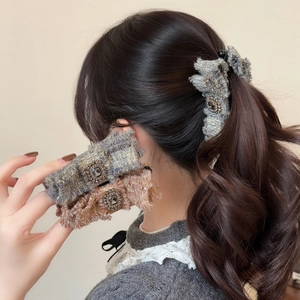 Molletta per Capelli Vintage in Tweed con Fiocco e Strass Quadrati Elegante Fermaglio a Banana in Tessuto Artigli per Capelli