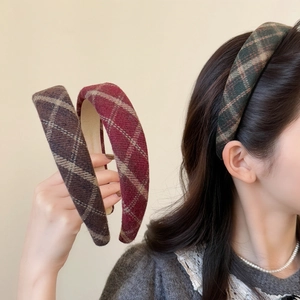 Vintage Plaid Fabric Headband For Women Winter Thickened High Head Crown Hair Hoop French Style Checkered Hairband