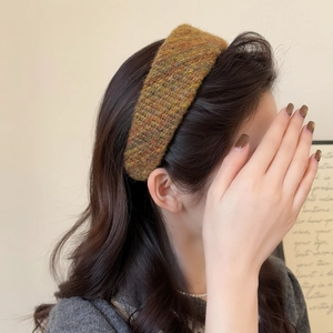 Vintage tweed wide headband for women in brown and orange wool blend chic hair accessory