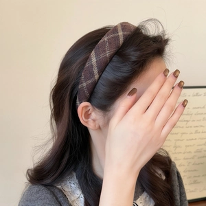 Brown plaid fabric headband for women featuring a retro check pattern and wide design