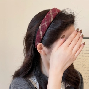 Maillard coffee plaid fabric headband for women with high-cranial top fashion design