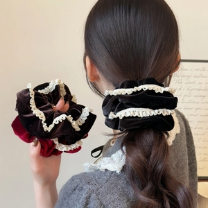 French Vintage Velvet Scrunchie With White Lace Trim High Elastic Elegant Ponytail Hair Tie For Women Hair Accessories