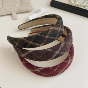 Three premium brown and green plaid padded sponge headbands for high-volume hair styling