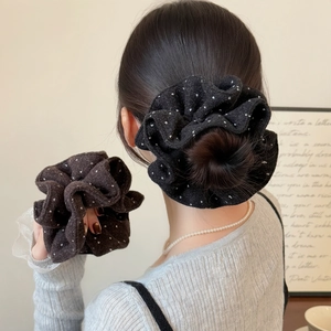 Vintage Polka Dot Flannel Scrunchie For Women Retro Heart Pattern Handmade Velvet Hair Tie With Metal Buckle Hair Accessories