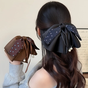 Retro Polka Dot Bow Hair Clip With Streamer Artificial Pearl Pendant Large Shark Clip Elegant Satin Hair Accessories For Women