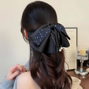 Vintage black silk bow hair clip with purple polka dots and hanging pearl charms