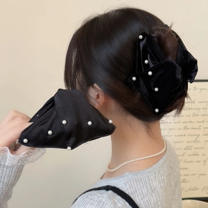 French vintage black velvet bow hair claw clip with pearls for elegant updo hairstyles