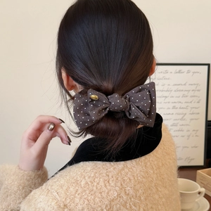 British style dark brown polka dot bow hair clip with gold metal label for women