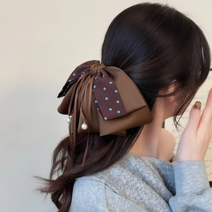 Vintage brown polka dot bow hair clip with ribbons and pearl pendants for high ponytails