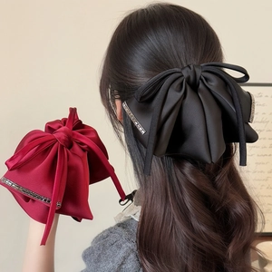 Korean Style Large Satin Bow Hair Claw Clip For Women Elegant Rhinestone Edge Ponytail Clip Sweet Hair Accessories