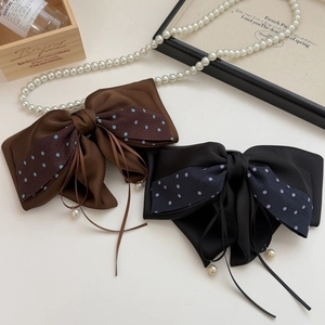 French vintage polka dot bow hair claw clip with elegant ribbons and pearl pendant