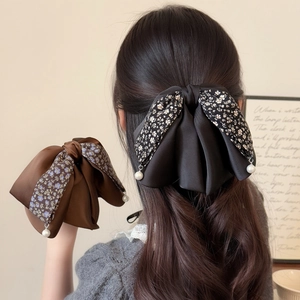 French Elegant Large Bow Hair Clip With Artificial Pearl Pendant Floral Satin Patchwork Hair Claw For Women Korean Style Hair Accessories