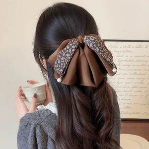 Elegant floral bow hair clip with pearls for women, French style hair claw in coffee satin
