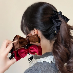French Vintage Velvet Bow Banana Clip Elegant Double Layer Hair Clip For Women Daily Office Party Headwear Hair Accessories