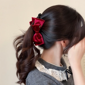 Elegant wine red velvet double bow banana clip hair accessory for women ponytail