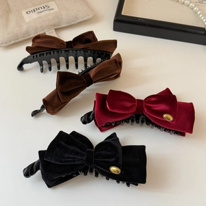 Elegant velvet bow banana hair clips set in four colors with gold metal logo accents