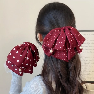 Französisches Retro Weinrot Weiß Punktmuster Schleife Haarklammer Mit Künstliche Perle Große Stoff Haarnadel Elegante Süße Weihnachten Haarschmuck