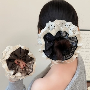 Elastico per Capelli in Pizzo a Quadri e Pois Stile Coreano Donna Dolce Quattro Strati Colore a Contrasto Vintage
